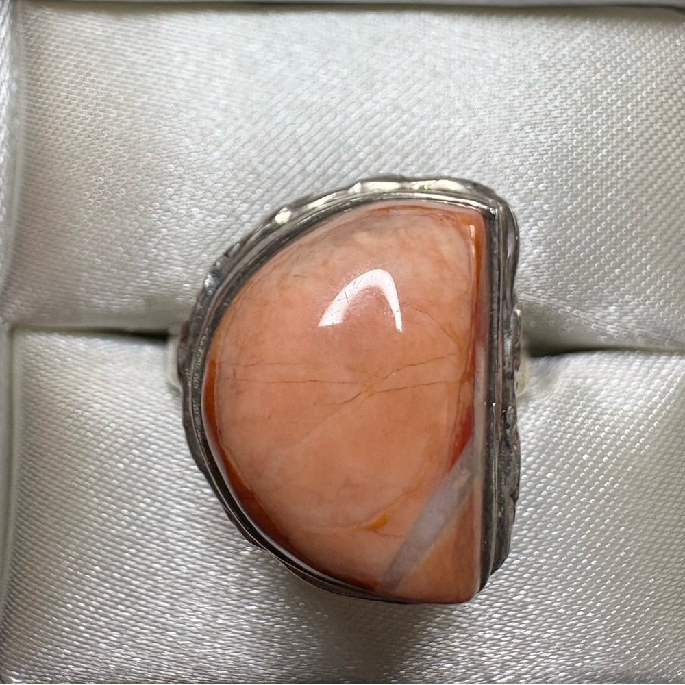 Ring Chalcedony Agate 925 Sterling Silver Half Moon Orange